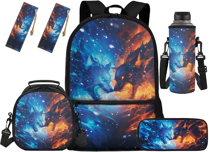 Wolf Backpacks for Boys Fire Ice Elemenatry School Backpack with Lunch Box Pencil Case Water Bottle Sleeve Bookmark 17Inch Kids Book Bag Set of 5 Picnic by Unknown