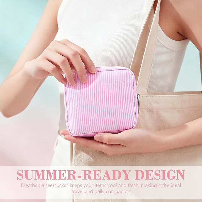 Giesiery 8 Pcs Seersucker Makeup Bags Striped Cosmetic Bags Bulk Organizer for Women Preppy Travel Toiletry Pouch for Wedding Bridesmaid Gifts (Pink, Mini) - Image 4