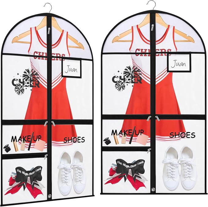 FoldTier 2 Pcs Cheer Garment Bags for Cheerleading Uniform 40 Inch Clear PVC Waterproof Cheer Uniform Bag with 3 Zipper Pockets for Dancers Competitions, Travel, Hanging Clothes, Black Edge by FoldTier