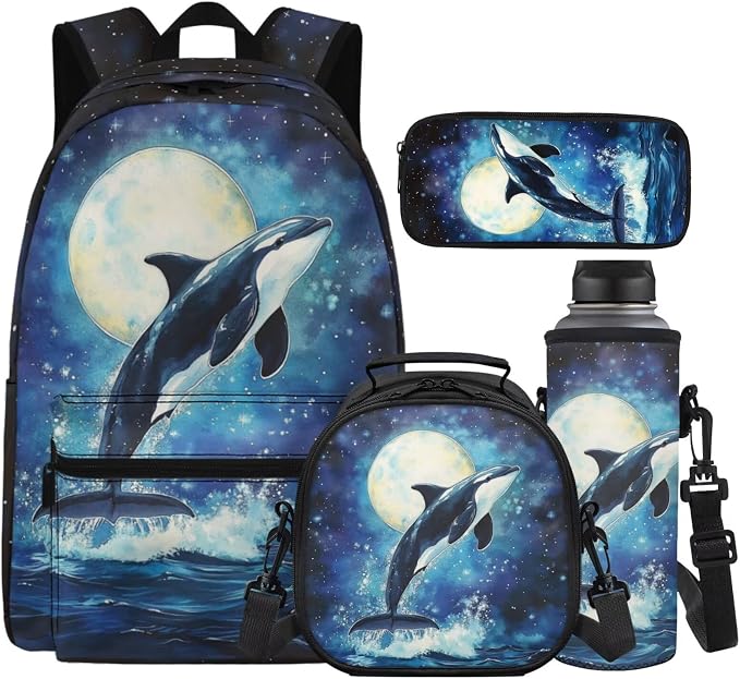 Moonlight Killer Whale Backpacks for Girls 10-12 Lightweight Boys Backpack and Lunch Box Set 4 Piece Back to School Essentials for Teen Kids Age 8-10 Travel Sport Bookbag Back Pack by Unknown