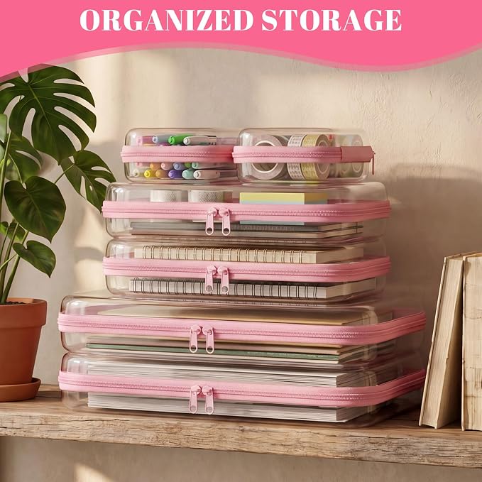 12 Pack Clear Hard Shell Zipper Case with 40 Labels, X-Large/Medium/Small Stackable Clear Pouches, Crush-resistant Travel Toiletry Bag Organizer for Makeup Board Games Electronics (Pink) - Image 7