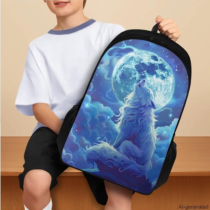 Wolf Backpack for Girls Boys Backpack with Lunch Box Water Bottle Bag and Big Pencil Case 4PCS Set Large Bookbag with Compartments for School 17 inch Lightweight Elementary School Bag for Kids - Image 3