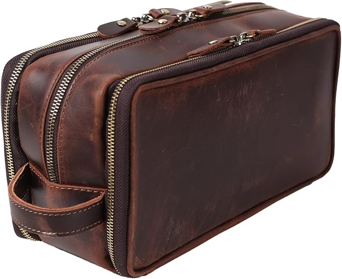 Personalized Leather Toiletry Bag for Men Travel Shaving Dopp Kit-Large Cosmetic Bags Toiletries Bathroom Organizer by ROCKCOW