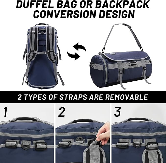 MIER Large Duffle Bag Backpack for Travel Camping Gym Sports, 45L/60L/90L | Water Resistant, Convertible Duffel, Detachable Backpack Straps, Shoe Compartment, Heavy-Duty Tarpaulin, 3 Sizes - Image 2