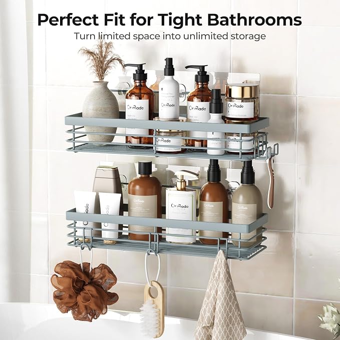 Orimade Shower Caddy with 5 Hooks for Hanging Razor and Sponge Adhesive Shower Shelf Basket Bathroom Storage Organizer Kitchen Rack No Drilling Stainless Steel Rustproof - 2 Pack, Light Blue Grey - Image 9