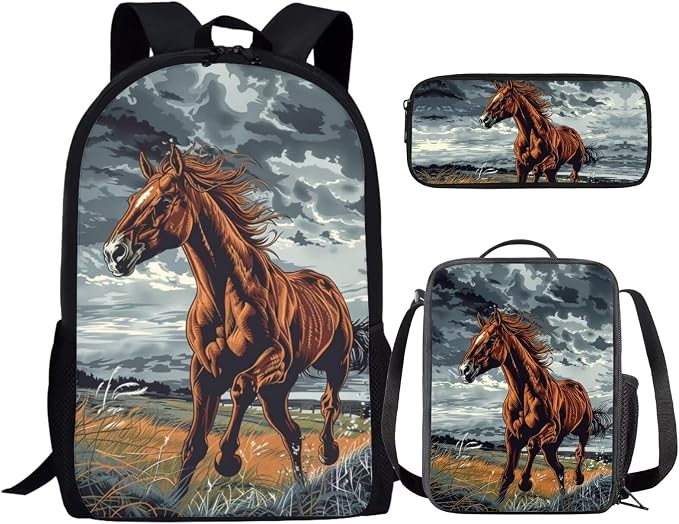 17 Inch Animal Print School Backpack And Lunch Box Set for Kids Lightweight Cloudy Sky Majestic Horse Backpack for Boys Girls School Bag with Insulated Lunchbox Pencil Case Student Bookbag by Parprinty