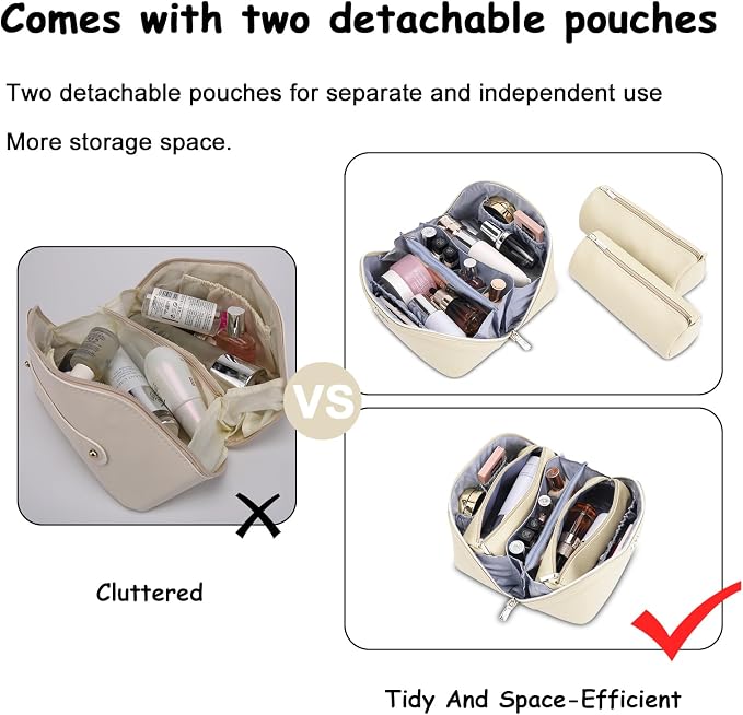 BOYATU Travel Makeup Bag Organizer Cosmetic Bag: 3 Pcs Set Make up Bags for Women with Handle - Waterproof Vegan Leather Toiletry Bags Travel Essentials Pouch with Compartments (C-04-White) - Image 6