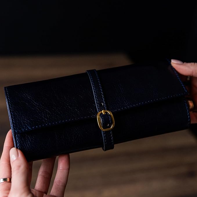 Time Resistance Leather Jewelry Roll - Full Grain Leather Travel Jewelry Case - Jewellery Organizer Made in Italy (Blue) - Image 2