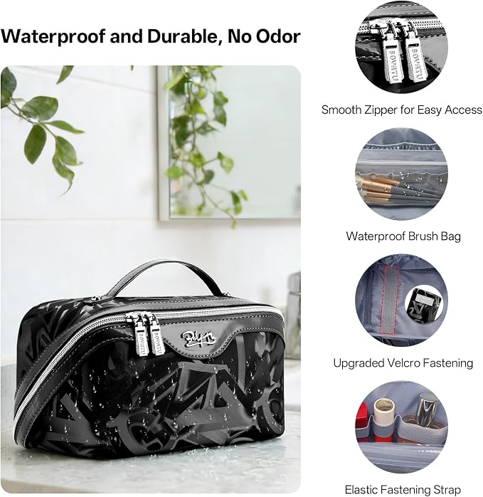 BOYATU Travel Makeup Bag for Women: Y2K Aesthetic Personalized Glossy 3 Pcs Set Cosmetic Organizer Bag - Trendy Statement Toiletry Pouches for Forward Women - Stand Out at Festivals & Trips(D-2-Black) - Image 2