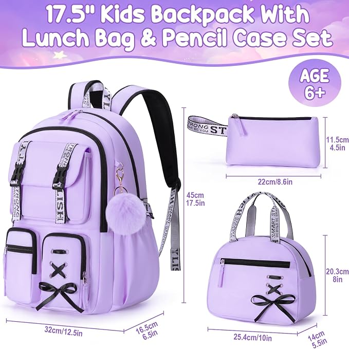 Fimibuke Backpack for Girls, 3 PCS Waterproof Girls Backpack with Lunch Box & Pencil Case, Kid Backpacks for Teen Girl Kindergarten Elementary Middle High School Student Back to School Kid Bookbag Set - Image 2