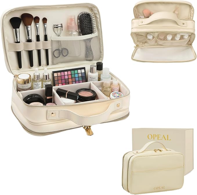 2-in-1 Travel Makeup and TSA Toiletry Organizer for Women – Flexible Compartments, Clear TSA Window, Wipe Clean Vegan Leather, Gift Box Included – Carry-On Approved, Cream by Unknown