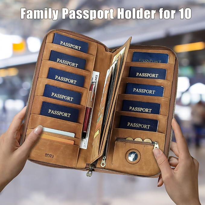 CONTACTS Family Passport Holder for 10 Full Grain Leather Passport Holder Compatible with Airtag Family Travel Document Organizer Multiple Passport Wallet with Rfid Blocking (Brown) - Image 2
