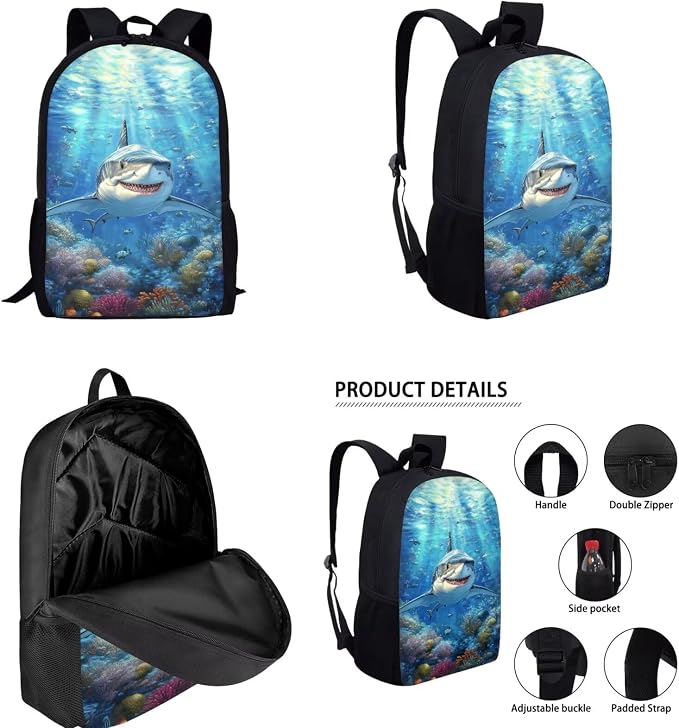 Shark Backpack with Lunch Box Kids Boys 4-6/6-8/8-10 Ocean Elementary School Bookbags for 1st Grade 4 in 1 Set Book Bags Lunch Box Pencil Case 17in Back Pack Lunch Bag Water Bottle Holder - Image 2