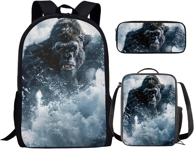 17 Inch Animal Print School Backpack And Lunch Box Set for Kids Lightweight Sea Angry Gorilla Backpack for Boys Girls Sturdy School Bag with Insulated Lunchbox Pencil Case Student Bookbag by Parprinty