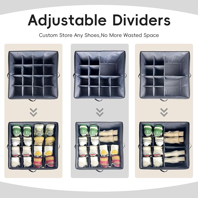 Shoe Organizer Box 2 Pack, Shoe Storage Organizer with Clear Cover, Adjustable Dividers Fits 16-32 Pairs, Fabric Shoe Organizer for Closet, Grey - Image 4