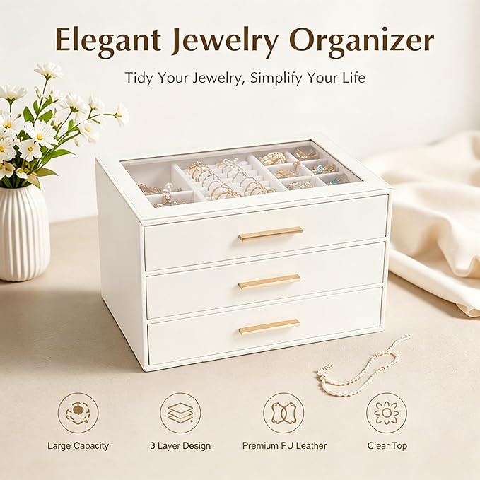 GUOER Jewelry Box for Women, Glass Lid Jewelry Organizer with 3 Drawers PU Jewelry Storage Case for Necklaces Rings Earrings Bracelets, Mother's Day, White - Image 2