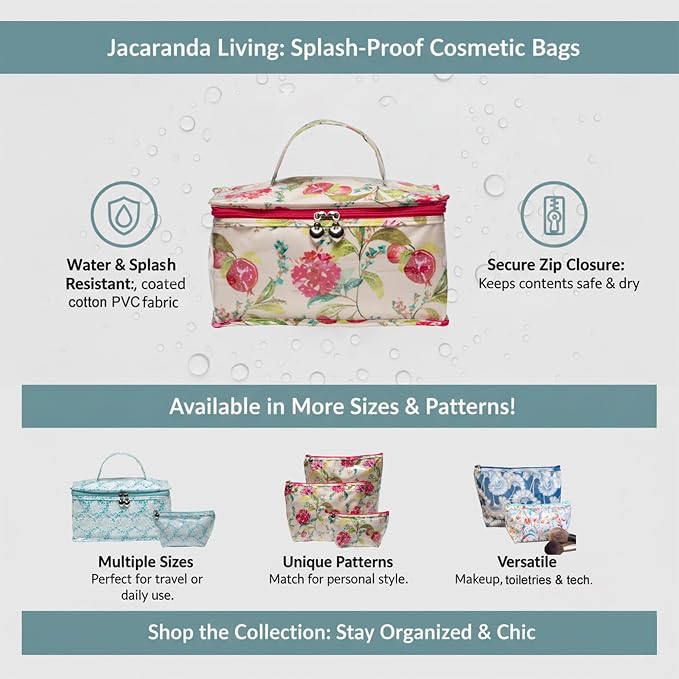 Jacaranda Living Vanity Cosmetic Bag – Structured Makeup Case with Handle, Water-Resistant PVC Lined Cotton, Travel Toiletry Organizer, Splash-Proof Vanity Bag – Pomegranate - Image 9