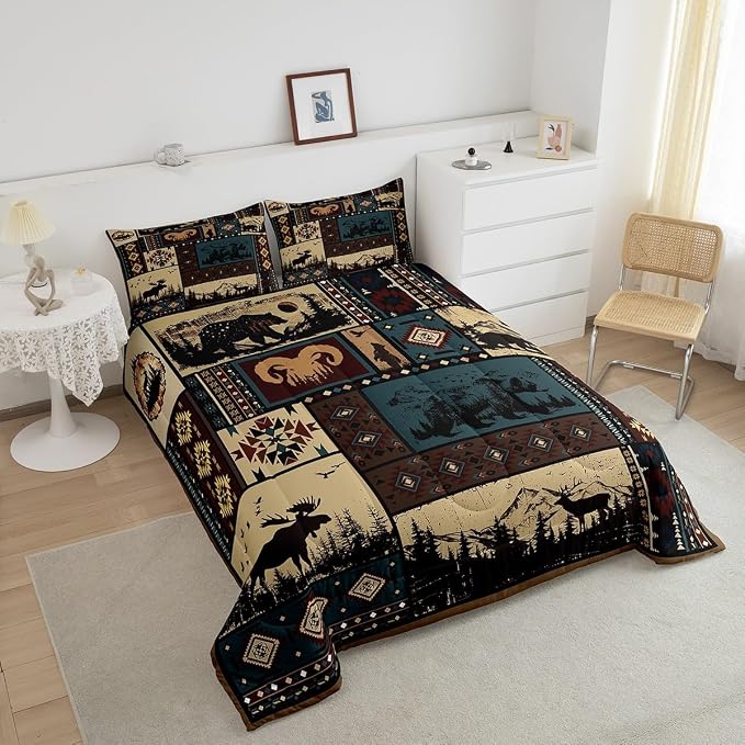 Erosebridal Aztec Comforter Sets Queen Rustic Southwestern American Native Bedding Set,Bear Deer Moose Quilt Retro Indian Style Hunting Animal Duvet Insert with 2 Pillowcases Microfiber - Image 3