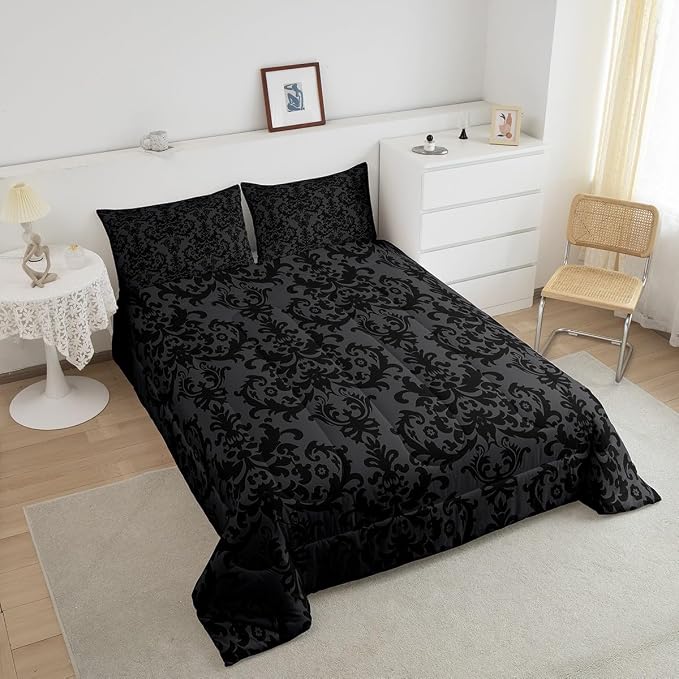 Erosebridal Adults Black Damask Bedding Set Antique Victorian Baroque Down Comforter Queen Gothic Vintage Floral Comforter Set Bohemian Exotic Bedding Quilted Grey Bedroom Decor 2 Pillow Cases - Image 5