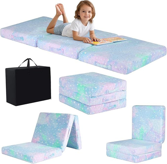 MeMoreCool Glow Star Kids Trifold Floor Mattress Futon, 57x22 Inch Colorful | Glow star trifold futon for classroom flexible seating, reading and camping by MeMoreCool