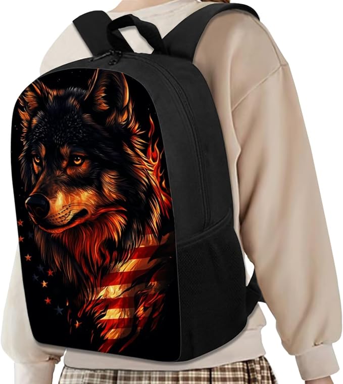 GIFTPUZZ Cool Wolf American Flag Backpack Set for Elementary Boys | Patriotic School Bag Set, 4 Piece Large Capacity Bookbag with Lunch Box, Pencil Case, Water Bottle Sleeve, Outdoor Travel - Image 3