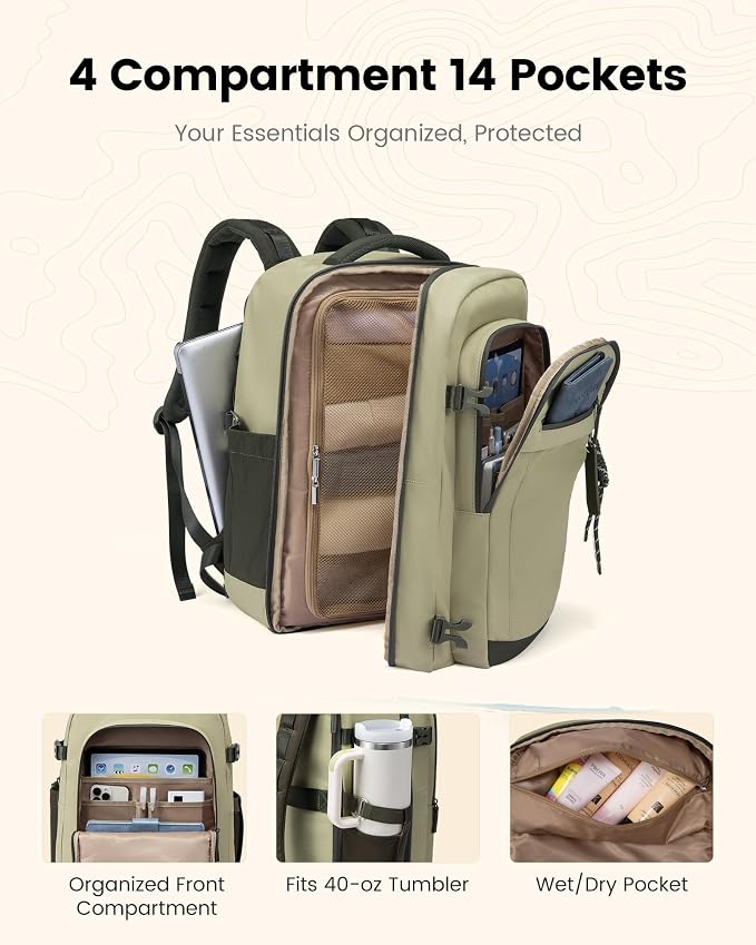 LOVEVOOK 40L Travel Backpack for Women & Men, Airline Approved Carry On Luggage, TSA Personal Item Bag fits 15.6 Inch Laptop, Waterproof Weekender Overnight Suitcase for Work, Green - Image 2