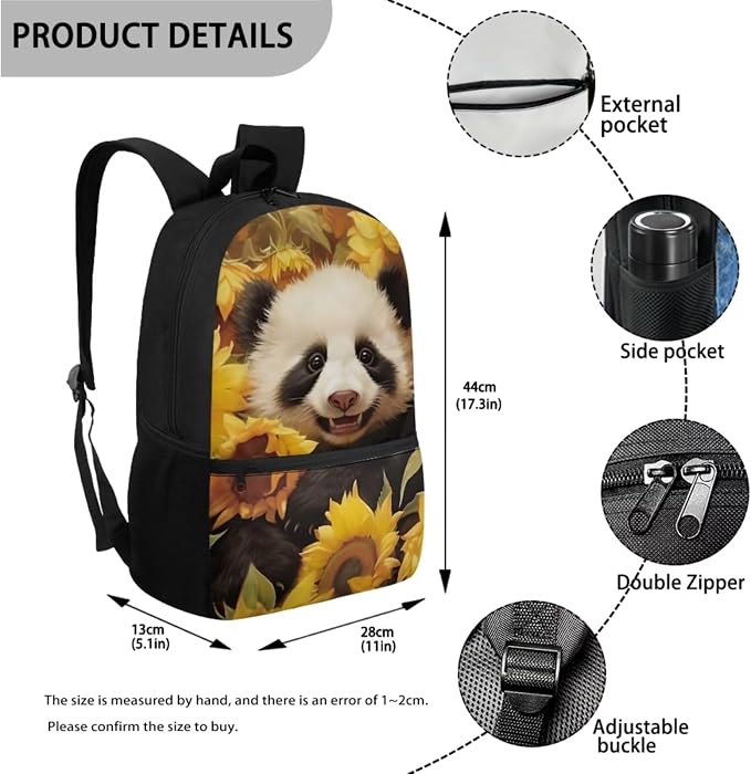 Sunflower Panda Print Backpack Set Schoolbag Boys Girls Large Backpacks Lunch Box Pencil Case 17 Inch Travel Laptop Computer Backpacks Rucksack Daypack with Ergonomic Straps - Image 2