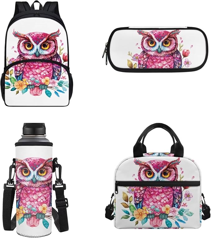 4Pcs Kids Backpack Students Schoolbag Set Colorful Owl School Backpack with Lunch Bag Water Bottle Holder Bag Pencil Case for Boys Girl Back to School by Chririnla