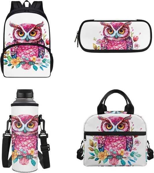 4Pcs Kids Backpack Students Schoolbag Set Colorful Owl School Backpack with Lunch Bag Water Bottle Holder Bag Pencil Case for Boys Girl Back to School by Chririnla