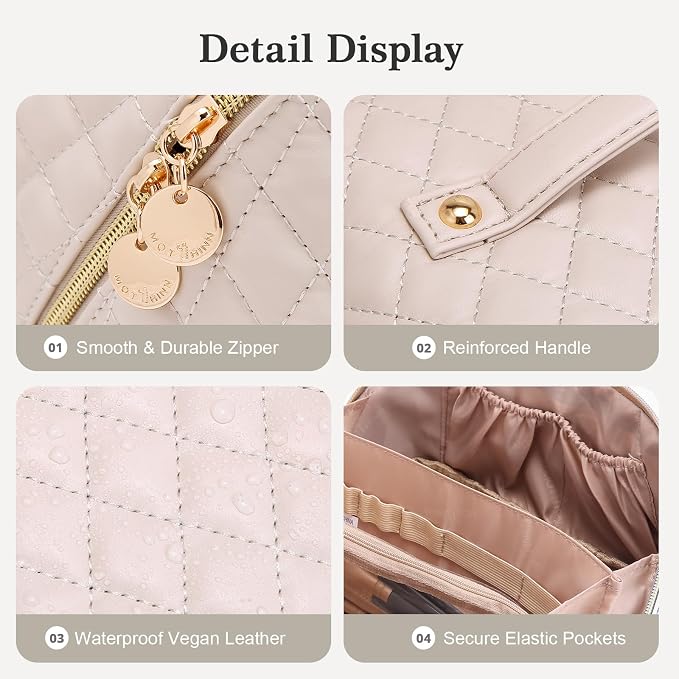 Travel Makeup Bags Cosmetic Organizer: 3Pcs Set Puffy Make up Bag for Women | Beige Premium Quilted ELEGANCE Design | Large Capacity Leather Toiletry Bags | Wide Open Compact Case for Travel Essentials - Image 6