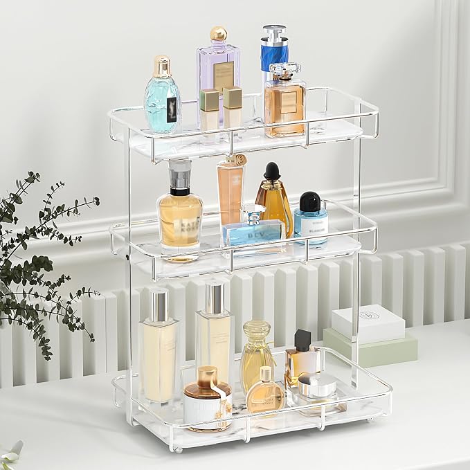 Bathroom Organizer Countertop Perfume Organizer Makeup Organizer Cosmetics Storage Display Rack Vanity Tray Dresser Stainless Steel Gold Shelf White Marble Ceramic Tray by Dobbyby