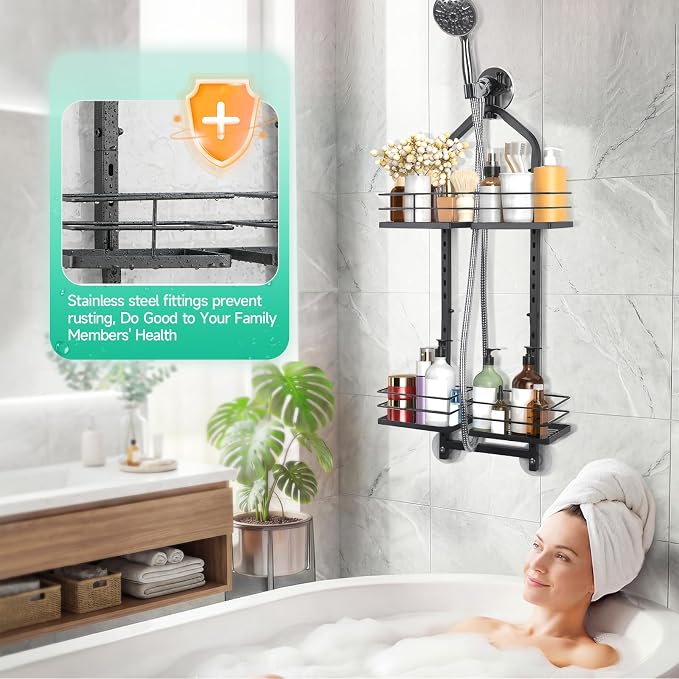 Shower Caddy Hanging for Handheld Showerheads Adjustable Hagging Shower Caddy, Stainless Steel Hose Hanging Shower Organizer 4 Levels Height Shower Rack（black - Image 4
