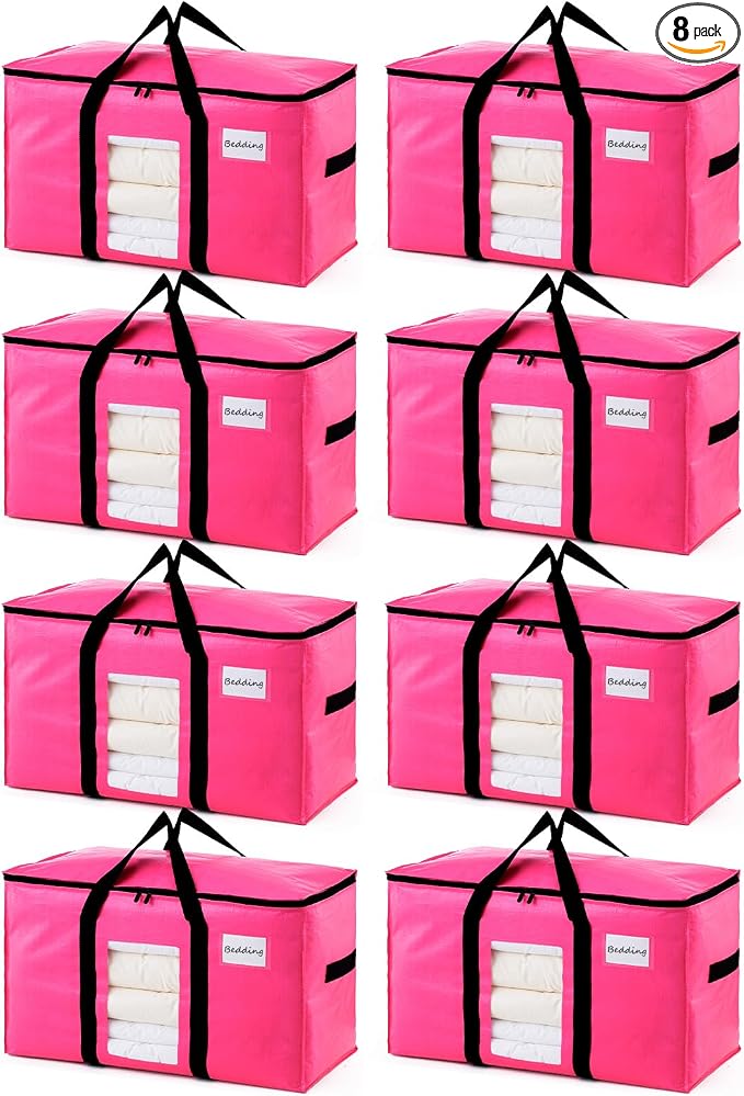 TAILI 8 Pack Pink Extra Large Moving Bags, Heavy Duty Totes with Visible Window, Wrap Around Handles, Space-Saving Storage, Alternative to Moving Boxes by TAILI