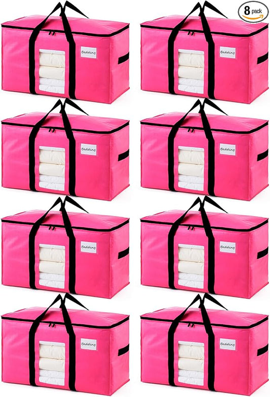TAILI 8 Pack Pink Extra Large Moving Bags, Heavy Duty Totes with Visible Window, Wrap Around Handles, Space-Saving Storage, Alternative to Moving Boxes by TAILI