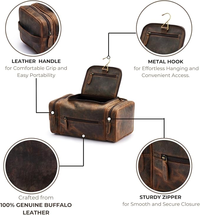 NomadCraftsCo. Extra Large Leather Toiletry Bag for Men - Premium Leather Men's Toiletry Bag for Travel, Dopp Kit, Pouch, Large Travel Organizer - Image 4