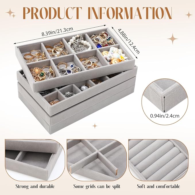 Tondiamo 16 Pcs Velvet Jewelry Drawer Organizer Trays Bulk 8.39 x 4.88 x 0.94 Inch Grey Stackable Jewelry Storage Inserts Set Tray Set with Removable Divider for Earrings Necklaces Bracelets - Image 2