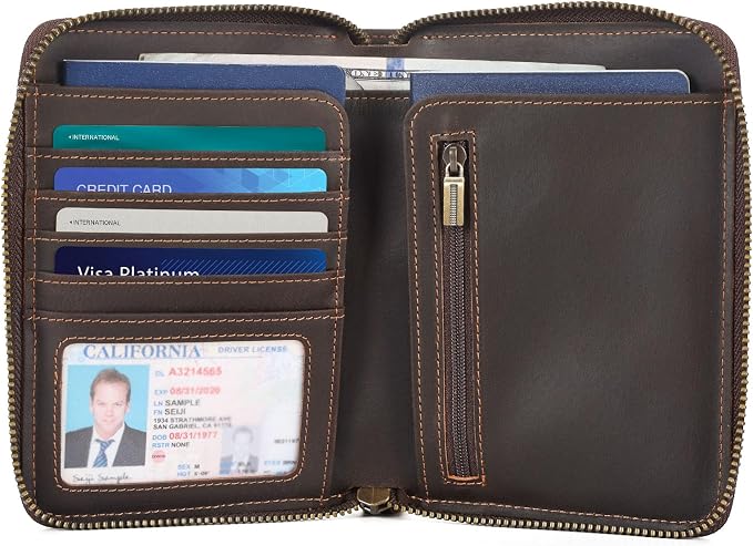 Polare Full Grain Leather Travel Passport Wallet with YKK Zipper and RFID Blocking Document Organizer Holder 2 Passports (Dark Brown) - Image 6