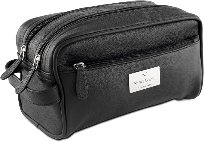 NATIVE ESSENCE Genuine Leather Toiletry Bag for Men & Women, Black | Dopp Kit, 2 Compartments, Travel Shaving & Grooming Organizer by NativeEssence