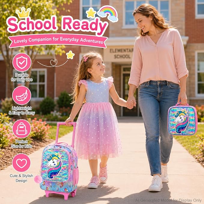 AGSDON 3PCS Rolling Backpack for Girls Boys, Kids Roller Wheels Bookbag, Wheeled School Bag with Lunch Bag - Image 5