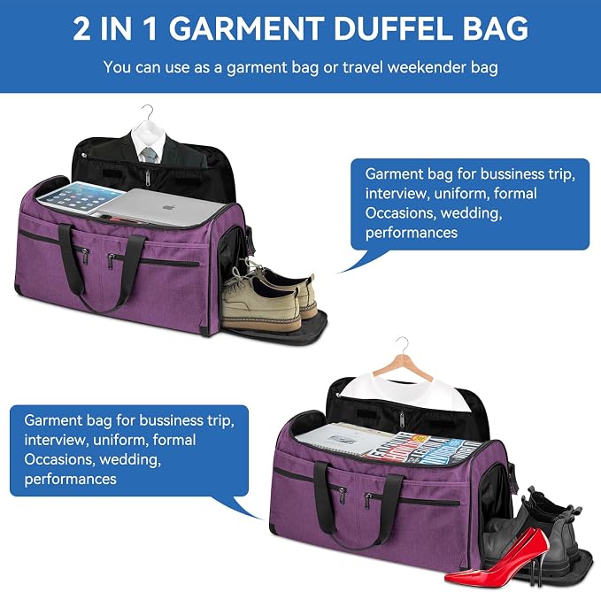 Large Garment Bag for Travel, Bukere Convertible Suit Travel Garment Duffel Bag for Women Business, Shoe Compartment, Detachable Shoulder Strap, 2 in 1 Hanging Suitcase Suit Travel Bags, Purple - Image 6