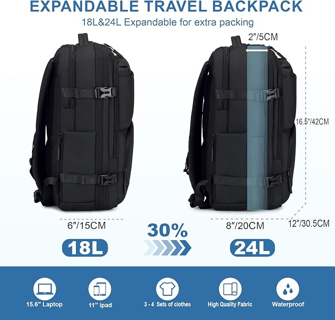 BAGOK Carry On Travel Backpack, Expandable Extra Large Airline Approved,Lightweight Daypack for Men and Women（Black） - Image 3