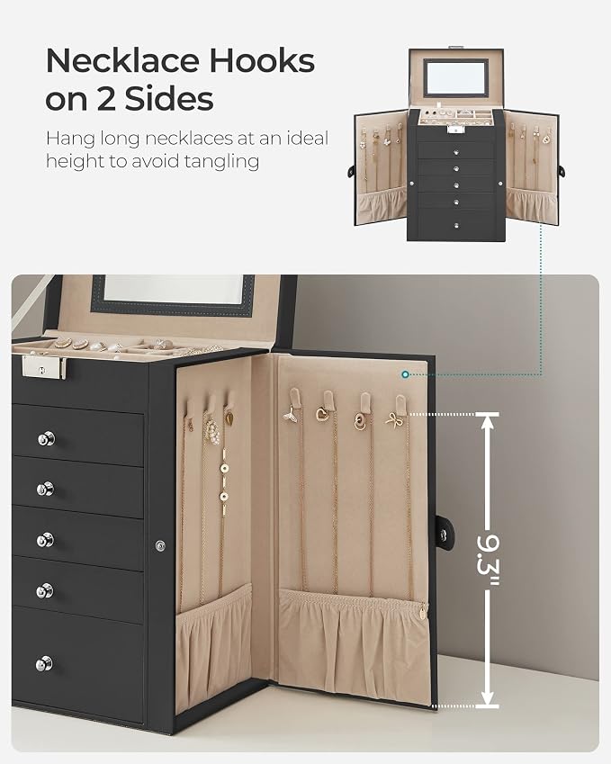 SONGMICS Jewelry Box Organizer, 6-Layer with 5 Drawers, Black | Jewelry Storage Case with Lock and Mirror, Large Storage Capacity, for Necklaces, Watches, Gift for Loved Ones UJBC152B01 - Image 4