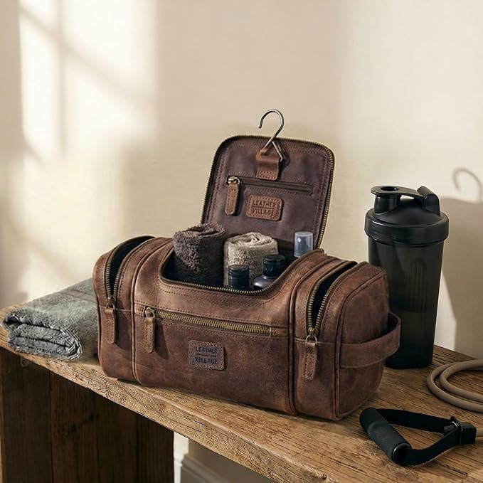 LEATHER VILLAGE Genuine Leather Travel Dopp Kit for Men & Women – Water-Resistant Large-Capacity Hanging Toiletry Bag for Travel, Grooming, Bathroom Organization, Shaving Essentials & Gym Use - Brown - Image 8