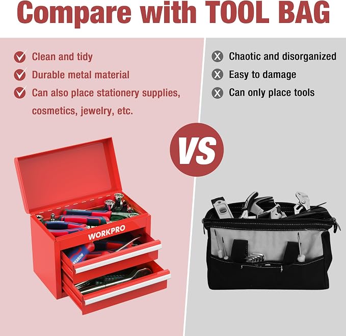 WORKPRO Mini Metal Tool Box with 2 Drawers and Top Storage | Cold Rolled Steel, Small Tool Chest, PVC Liners, PP Feet Pads, Drawer Liners & Magnetic Tabs - Image 5