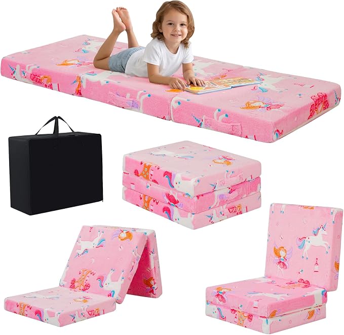 MeMoreCool Glow Fairy Kids Foldable Floor Mattress Trifold, 57x22 Inch Pink | Glow fairy trifold mattress for girls room, playroom, reading nook, travel by MeMoreCool