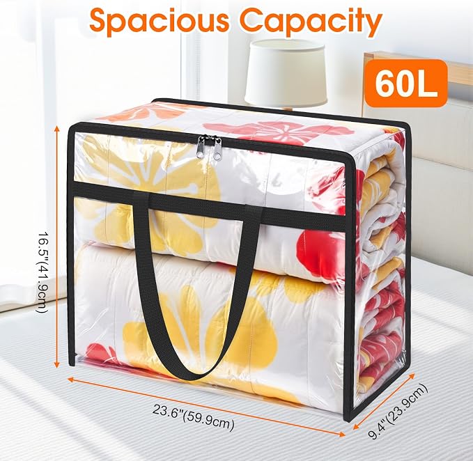 SpaceTrove Clear Clothes Storage Bags, 6 Pack Closet Organizers and Under Bed Storage Containers, Foldable Moving Bags with Zippers for Comforter, Blanket, Bedding, Duvet, PVC Packing Bags 60L - Image 2
