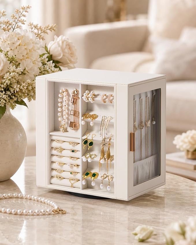 CASEGRACE 360° Rotating Jewelry Box Organizer, Jewelry Storage with 5 Drawers, Clear Window, Jewelry Display Case for Bracelets, Necklaces, Earrings, Rings, White - Image 5