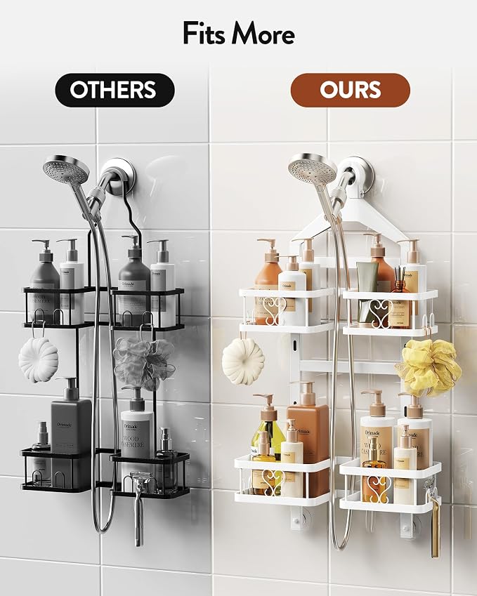 Orimade Adjustable Hanging Shower Caddy for Handheld Shower Heads, Rustproof Bathroom Shelf Organizer Over Showerhead Storage Rack with 8 Hooks, Easy-Clean Removable Baskets & Triple Anti-Slip, White - Image 9