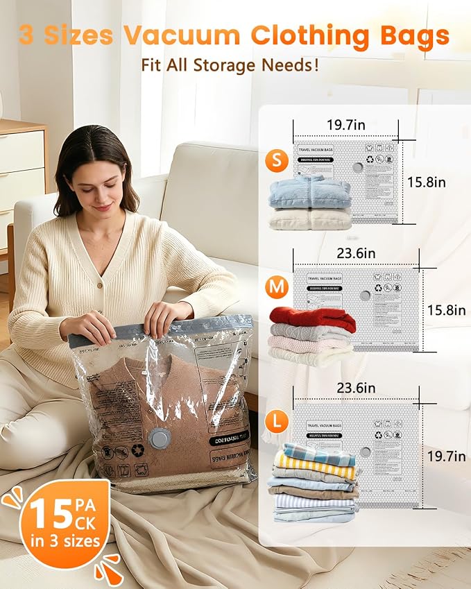 15 Pack Vacuum Seal Bags for Clothing Travel with -60KPa Rechargeable Wireless Pump, Space Saver Compression Vacuum Storage Bags in Multiple Carry-On Sizes for Luggage, Suitcase and Seasonal Storage - Image 6