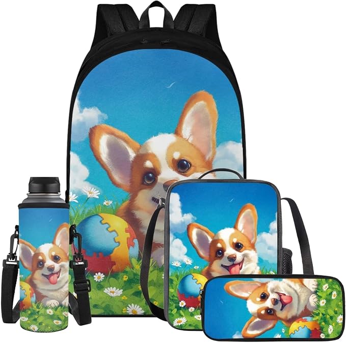 Cute Corgi Backpack for School Girls Backpack with Lunch Box Water Bottle Holder and Soft Pencil Case 4PCS Set 17" Large Bookbag with Compartments Lightweight Elementary School Bag for Kids by ELEDIZI